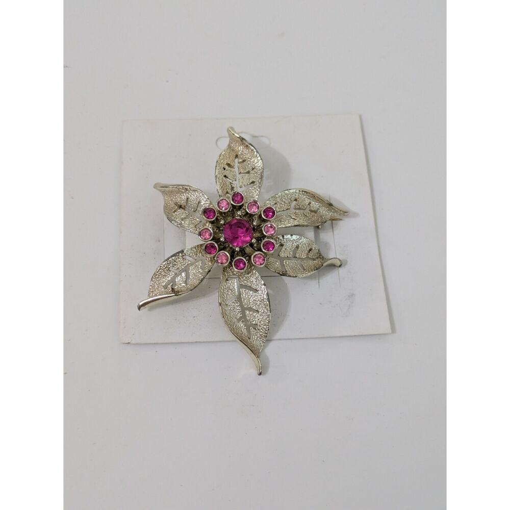 Sarah Coventry Pink Stone Flower Brooch‎ Pin Silver Tone